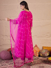 Leheriya Printed Panelled Sequinned Kurta With Trousers & Dupatta