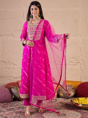 Leheriya Printed Panelled Sequinned Kurta With Trousers & Dupatta