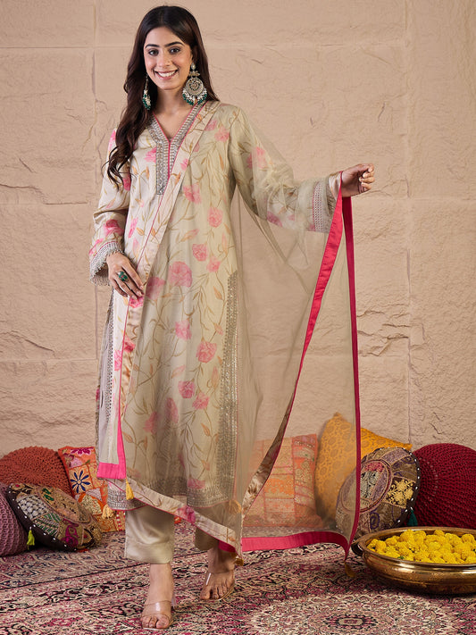 Floral Printed Straight Satin Sequinned Kurta With Trousers & Dupatta
