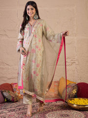 Floral Printed Straight Satin Sequinned Kurta With Trousers & Dupatta
