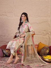Floral Printed Straight Satin Sequinned Kurta With Trousers & Dupatta