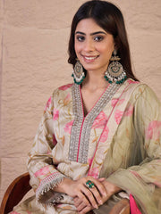 Floral Printed Straight Satin Sequinned Kurta With Trousers & Dupatta