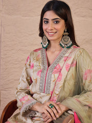 Floral Printed Straight Satin Sequinned Kurta With Trousers & Dupatta