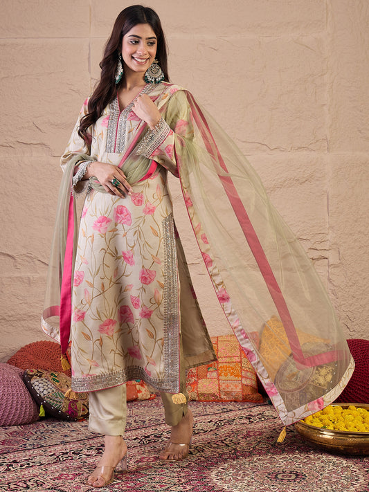 Floral Printed Straight Satin Sequinned Kurta With Trousers & Dupatta