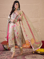 Floral Printed Straight Satin Sequinned Kurta With Trousers & Dupatta