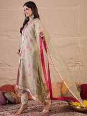 Floral Printed Straight Satin Sequinned Kurta With Trousers & Dupatta
