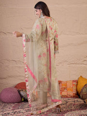 Floral Printed Straight Satin Sequinned Kurta With Trousers & Dupatta