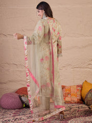 Floral Printed Straight Satin Sequinned Kurta With Trousers & Dupatta