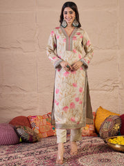 Floral Printed Straight Satin Sequinned Kurta With Trousers & Dupatta