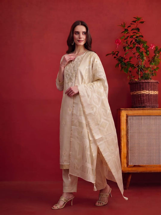 Women Ethnic Motifs Embroidered Regular Thread Work Chanderi Cotton Kurta Set
