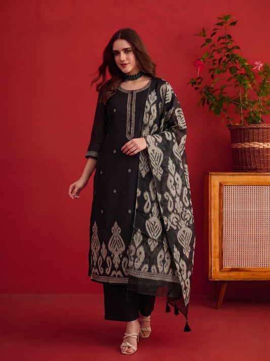 Women Ikkat Woven Desige and Sequinned Embroidered Kurta & Trouser with Dupatta