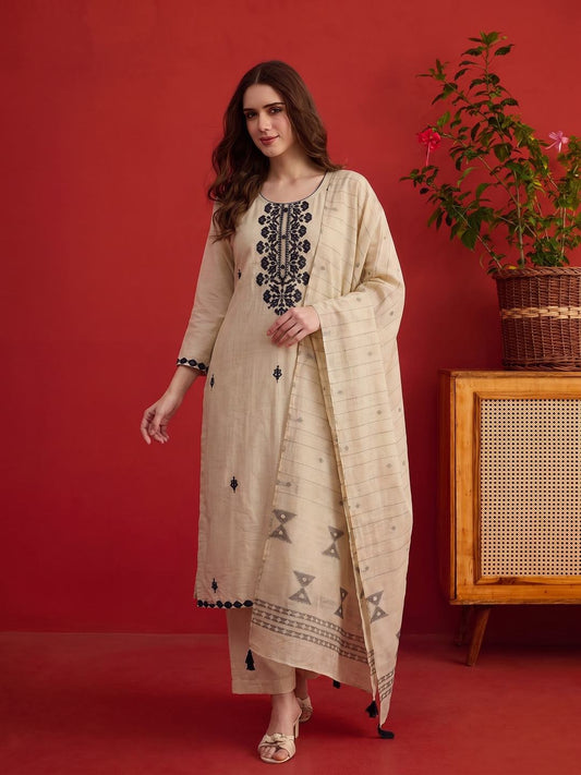 Women Embroidered Thread Work Chanderi Cotton Kurta & Trousers & Dupatta