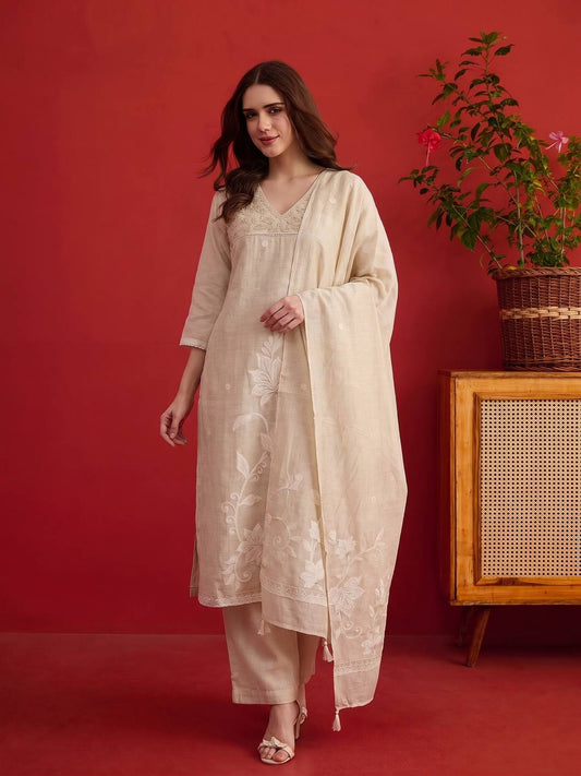 Women Ethnic Motifs Embroidered Regular Thread Work Chanderi Cotton Kurta with Trousers & With Dupatta