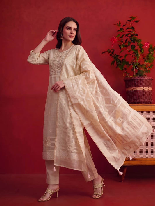 Women Ethnic Motifs Embroidered Regular Mirror Work Chanderi Cotton Kurta set