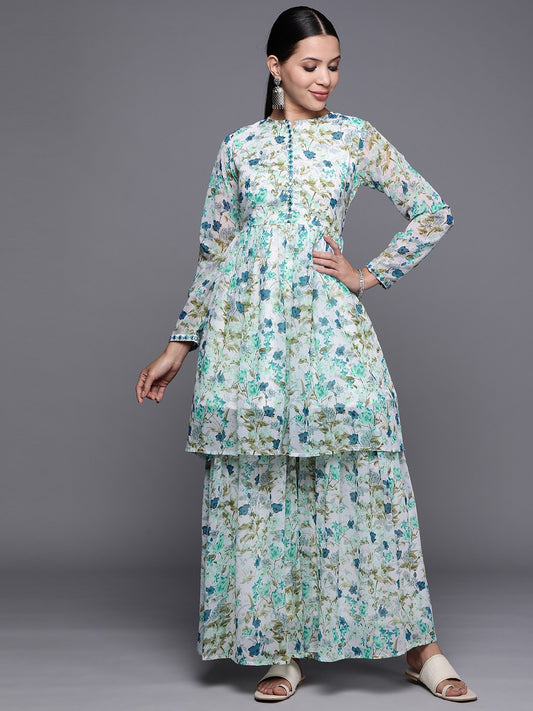 Floral Printed Round Neck Tunic With Sharara