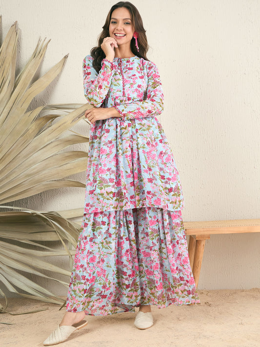 Floral Printed & Mirror Work Top With Sharara Co-Ords