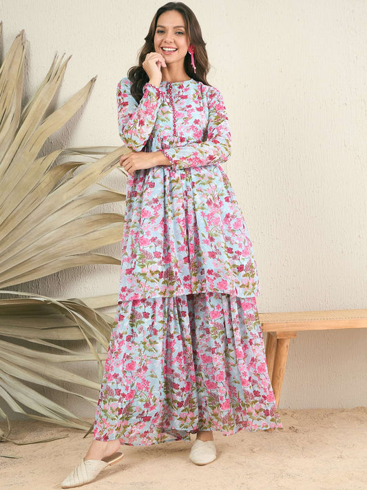 Floral Printed & Mirror Work Top With Sharara Co-Ords