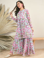 Floral Printed & Mirror Work Top With Sharara Co-Ords