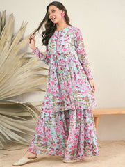 Floral Printed & Mirror Work Top With Sharara Co-Ords