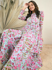 Floral Printed & Mirror Work Top With Sharara Co-Ords