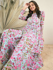 Floral Printed & Mirror Work Top With Sharara Co-Ords