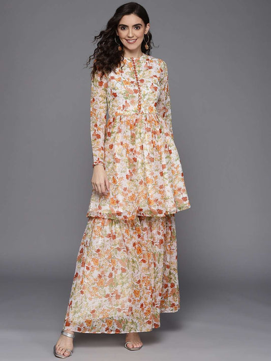 Floral Printed & Mirror Work Tunic With Sharara