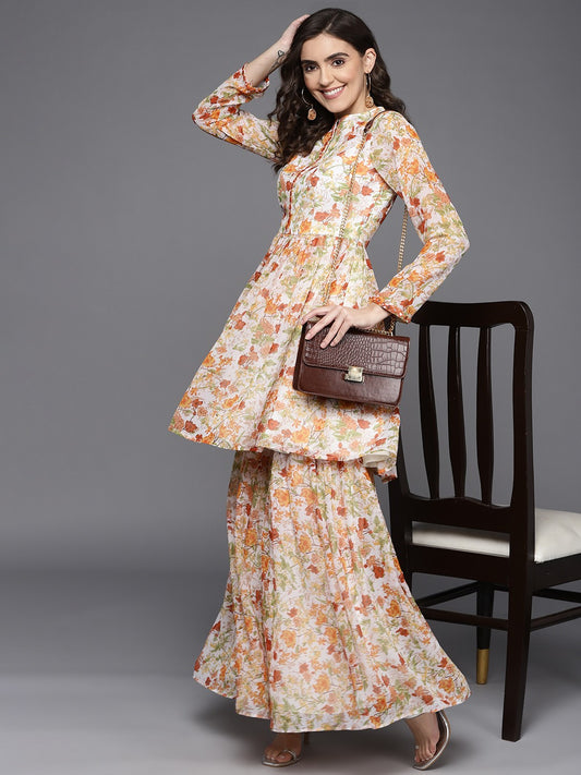 Floral Printed & Mirror Work Tunic With Sharara