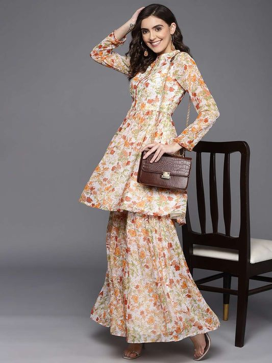 Floral Printed & Mirror Work Tunic With Sharara