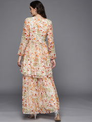 Floral Printed & Mirror Work Tunic With Sharara