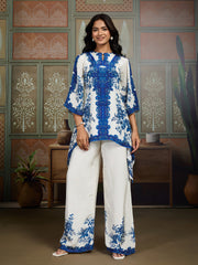 Floral Printed Beads & Stone-Studded Silk Tunic With Palazzo Co-Ords