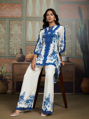 Floral Printed Beads & Stone-Studded Silk Tunic With Palazzo Co-Ords