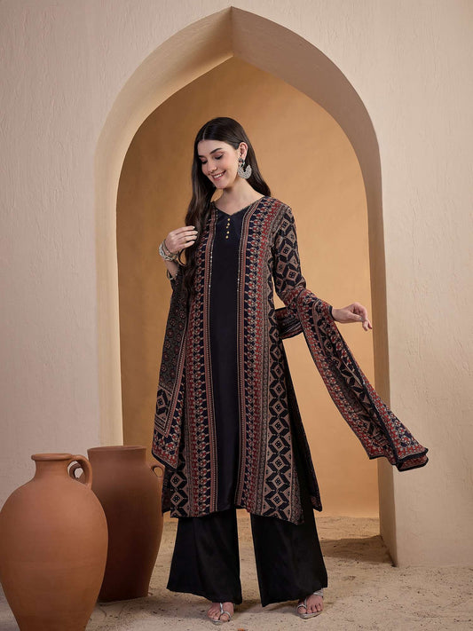 Women Ethnic Motifs Printed Regular Silk Crepe Kurta with Palazzos & With Dupatta