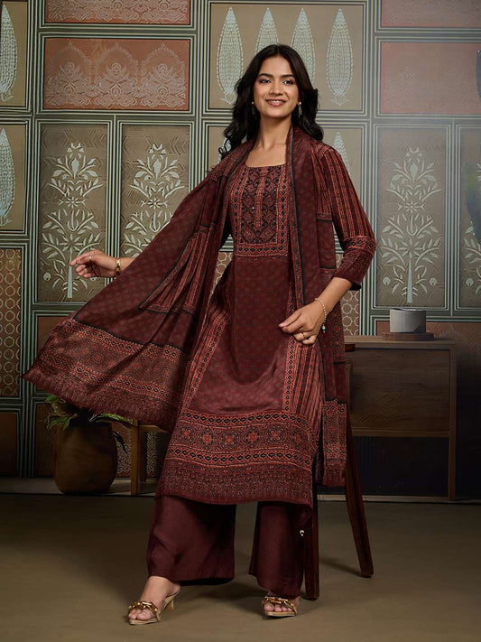 Women Ethnic Motifs Printed Regular Sequinned Silk Kurta with Palazzos & Dupatta