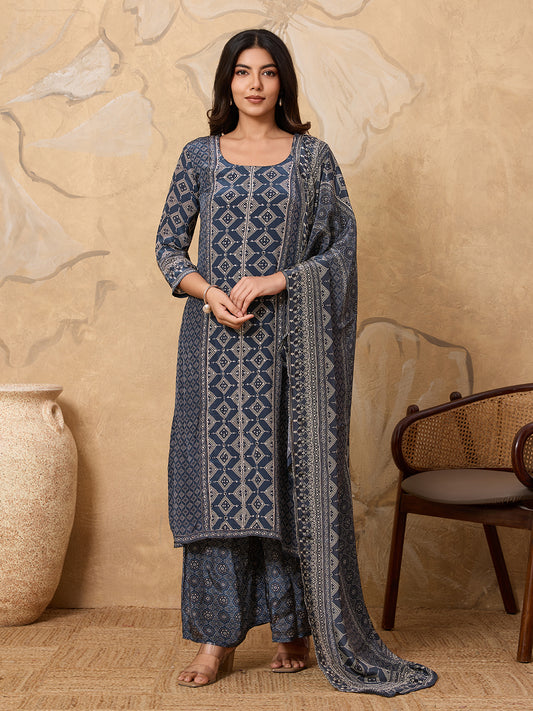 Women Printed Regular Silk Crepe Kurta with Palazzos & With Dupatta