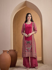 Women Ethnic Motifs Embroidered Regular Mirror Work Silk Crepe Kurta with Palazzos & With Dupatta