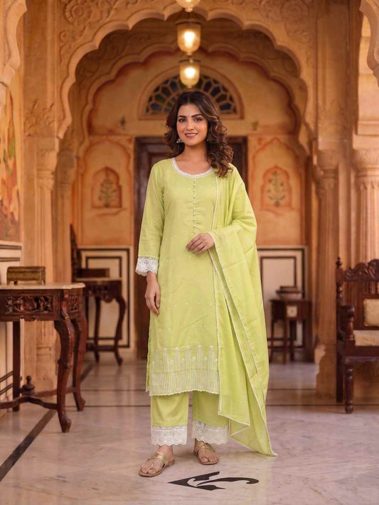Women Ethnic Motifs Embroidered Regular Thread Work Chanderi Cotton Kurta with Trousers & With Dupatta