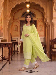 Women Ethnic Motifs Embroidered Regular Thread Work Chanderi Cotton Kurta with Trousers & With Dupatta