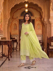 Women Ethnic Motifs Embroidered Regular Thread Work Chanderi Cotton Kurta with Trousers & With Dupatta