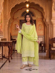 Women Ethnic Motifs Embroidered Regular Thread Work Chanderi Cotton Kurta with Trousers & With Dupatta