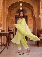 Women Ethnic Motifs Embroidered Regular Thread Work Chanderi Cotton Kurta with Trousers & With Dupatta
