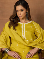 Women Ethnic Motifs Embroidered Regular Thread Work Chanderi Cotton Kurta with Trousers & With Dupatta