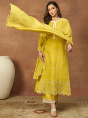Women Ethnic Motifs Embroidered Regular Thread Work Chanderi Cotton Kurta with Trousers & With Dupatta