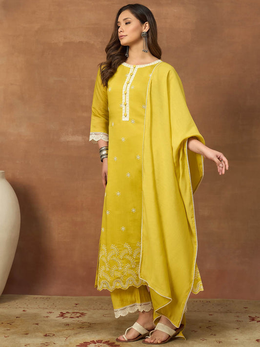 Women Ethnic Motifs Embroidered Regular Thread Work Chanderi Cotton Kurta with Trousers & With Dupatta