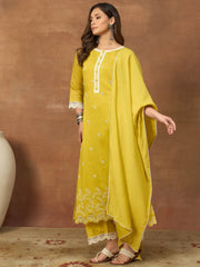 Women Ethnic Motifs Embroidered Regular Thread Work Chanderi Cotton Kurta with Trousers & With Dupatta