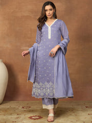 Women Ethnic Motifs Embroidered Regular Thread Work Chanderi Cotton Kurta with Trousers & With Dupatta