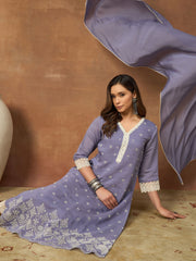 Women Ethnic Motifs Embroidered Regular Thread Work Chanderi Cotton Kurta with Trousers & With Dupatta