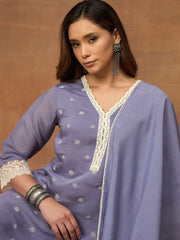 Women Ethnic Motifs Embroidered Regular Thread Work Chanderi Cotton Kurta with Trousers & With Dupatta