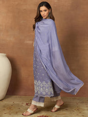 Women Ethnic Motifs Embroidered Regular Thread Work Chanderi Cotton Kurta with Trousers & With Dupatta