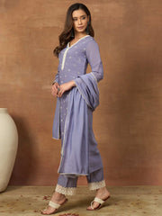 Women Ethnic Motifs Embroidered Regular Thread Work Chanderi Cotton Kurta with Trousers & With Dupatta