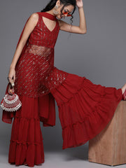 Women Red Net Sheer Sequinned Kurta with Sharara & Dupatta